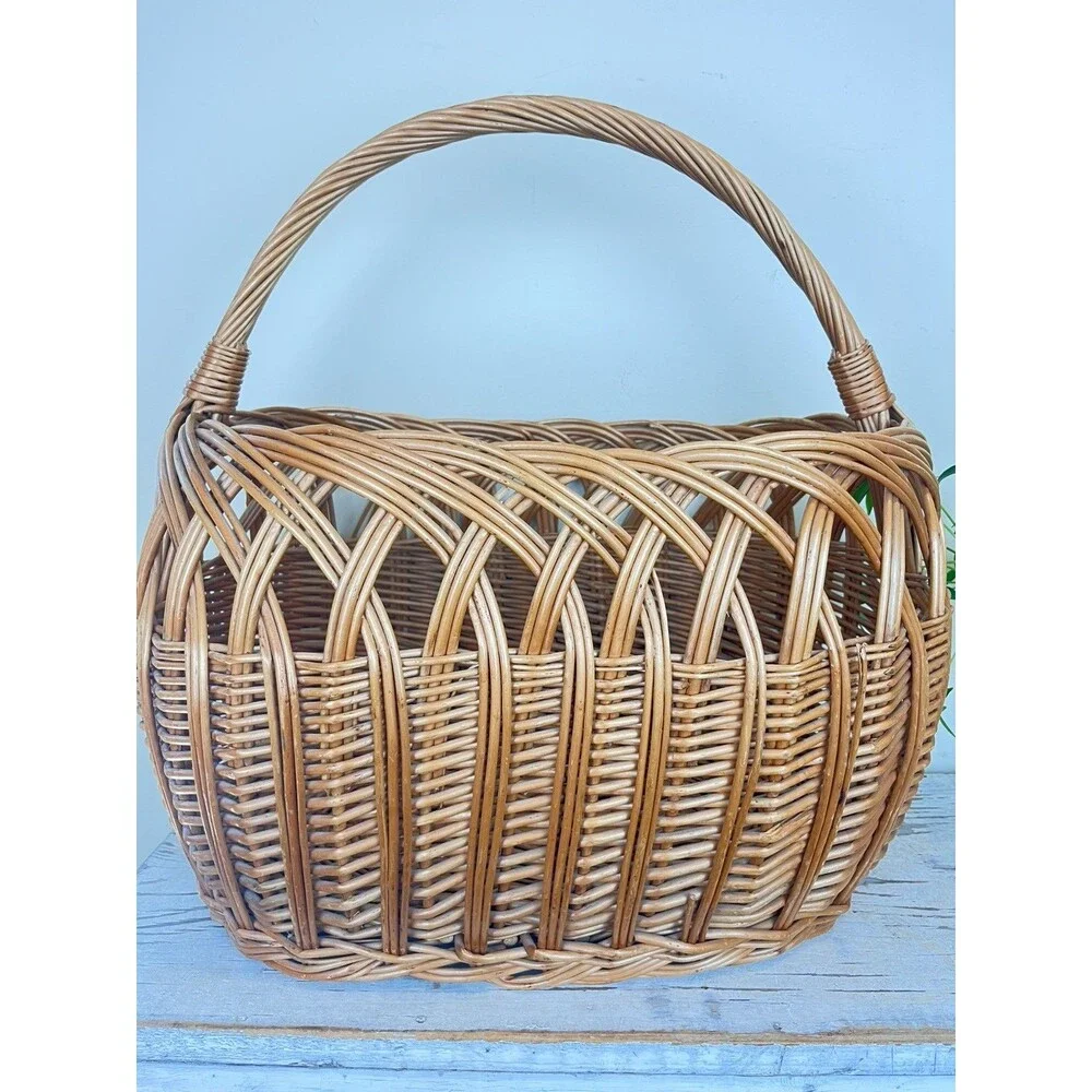 Vintage Polish Willow Wicker Woven High Arch Gathering Basket 20” x 16” Country